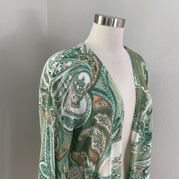 Chicos 2 Womens Large Green Paisley Open Front Cardigan Lightweight Jacket - Picture 2 of 11